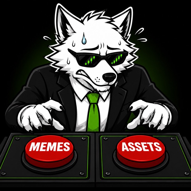 The wolf sweats over two buttons: memes or assets