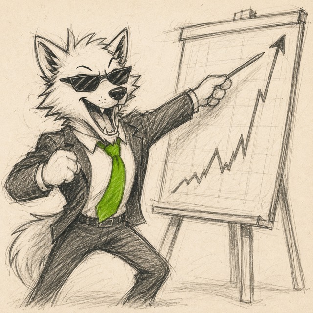 Pencil sketch: the wolf pitches a chart going up